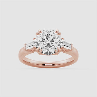 Round Cut Moissanite Engagement Ring with Tapered Baguette Side Stones