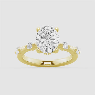 Oval Cut Moissanite Ring with Diamond Spaced Band and Hidden Halo