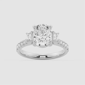 Three Stone Cushion & Half Moon Moissanite Engagement Ring with Pavé Band