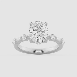 Oval Cut Moissanite Ring with Diamond Spaced Band and Hidden Halo