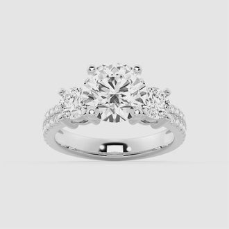 Double Row Pave Three Stone Round Cut Moissanite Engagement Ring