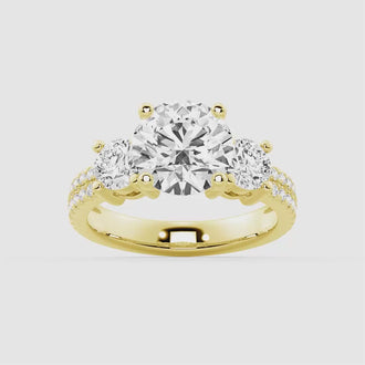 Double Row Pave Three Stone Round Cut Moissanite Engagement Ring