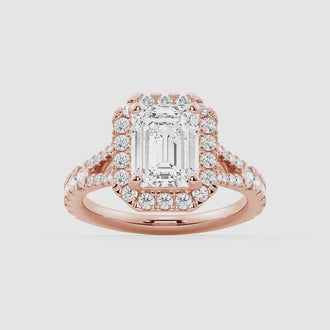 Emerald Cut Split Shank Moissanite Halo Engagement Ring