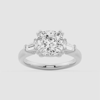 Cushion Cut Moissanite Engagement Ring with Tapered Baguette Side Stones