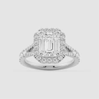 Emerald Cut Split Shank Moissanite Halo Engagement Ring
