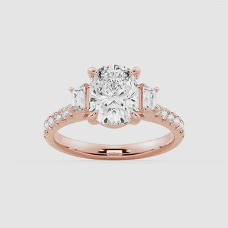 Three Stone Cushion & Half Moon Moissanite Engagement Ring with Pavé Band