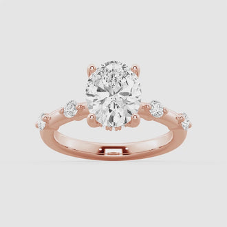 Oval Cut Moissanite Ring with Diamond Spaced Band and Hidden Halo