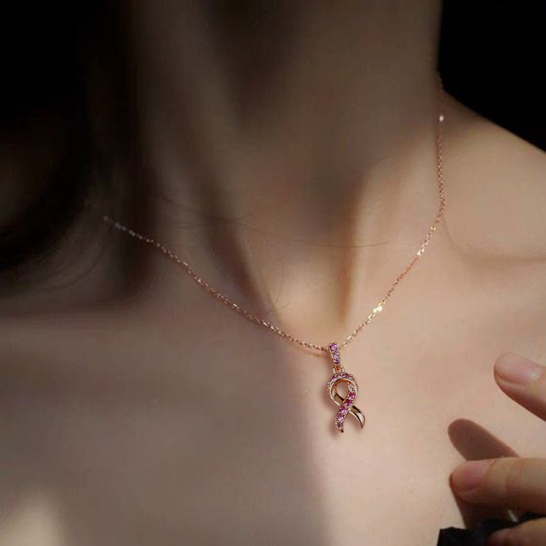 "Faith Over Fear" Ribbon Necklace In Rose Gold With Pavé Pink Sapphires