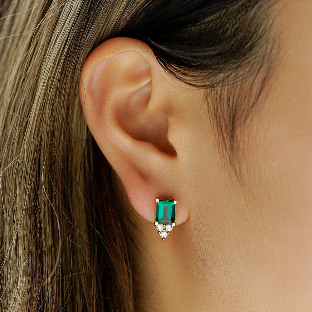 4 Ctw Emerald-Cut Emerald Stud Earrings With Trio Moissanite Diamonds