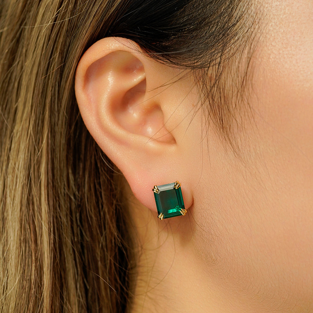 10 Ctw Double Prong Set Emerald-Cut Emerald Stud Earrings