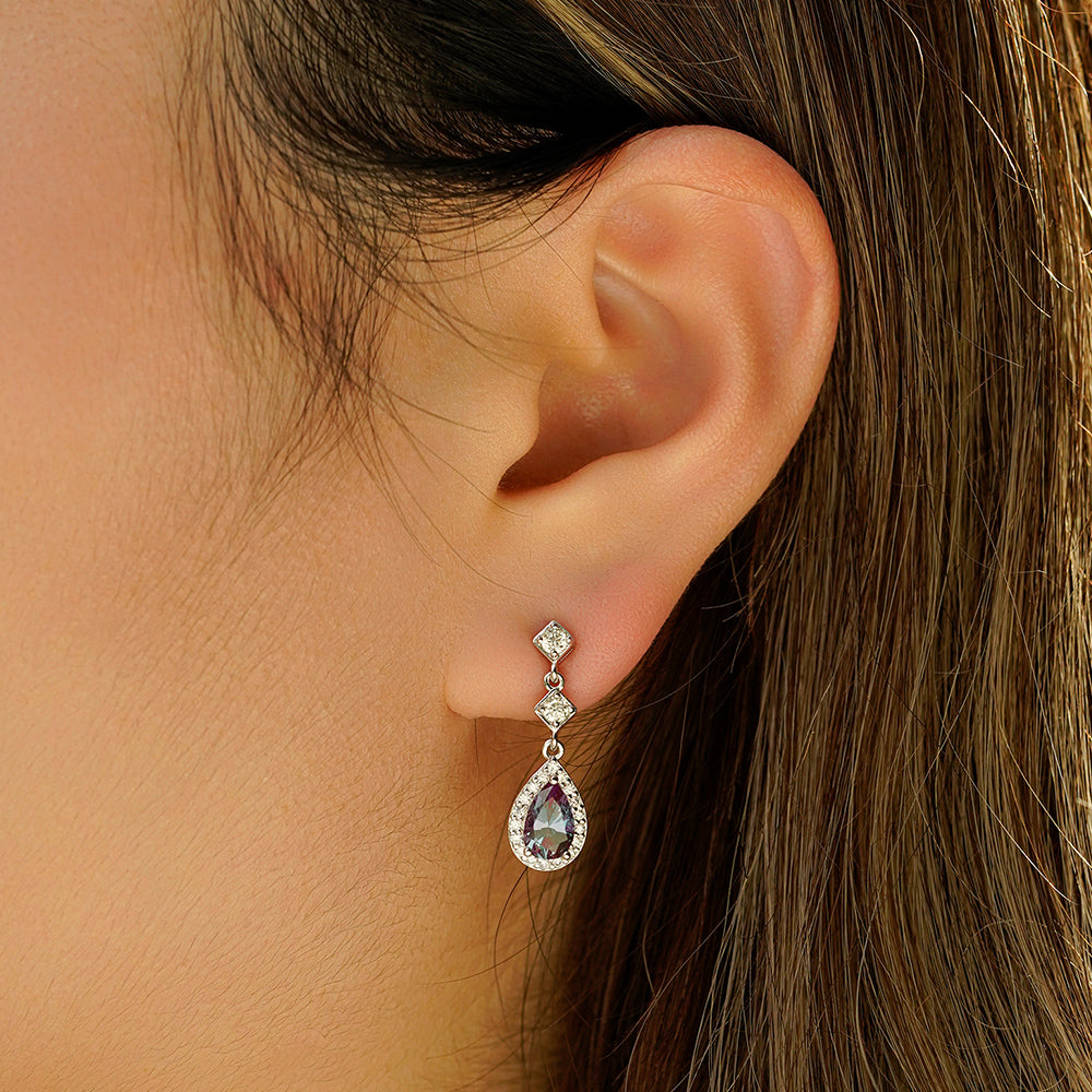 2 Ctw Pear Shaped Alexandrite Moissanite Pave Drop Earrings