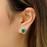 6 Ctw Emerald-Cut Emerald Stud Earrings With Moissanite Pave Halo