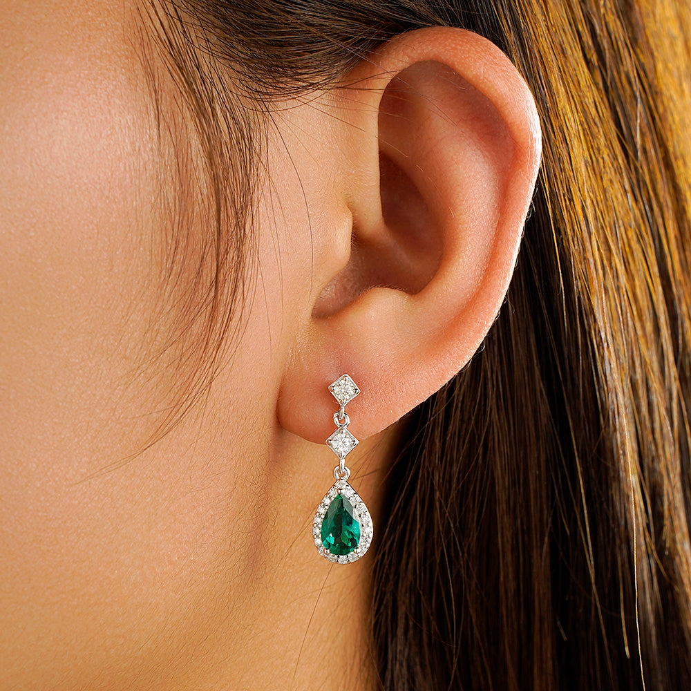 1.24 CT. Pear Emerald Drop Earrings with Pavé Halo