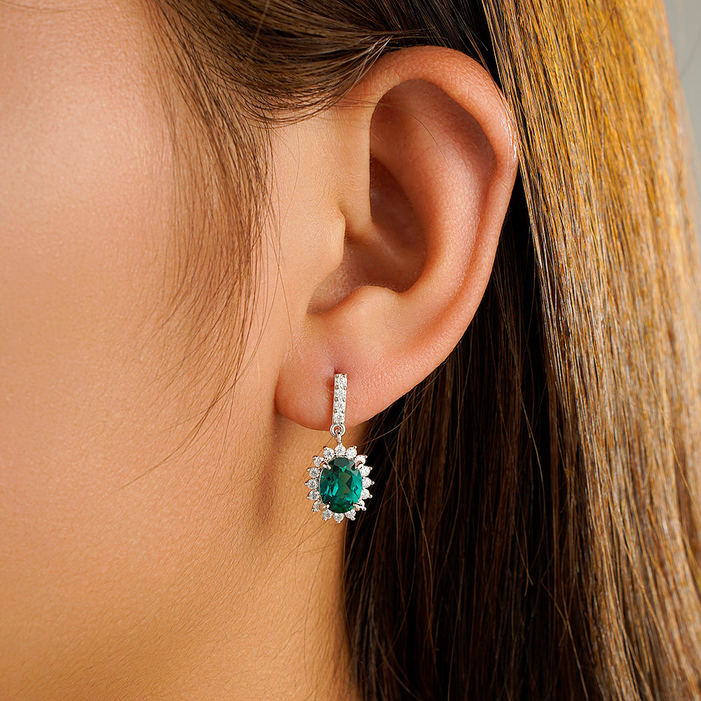 1.18 CT. Emerald Dangle Earrings with Floral Pavé Halo