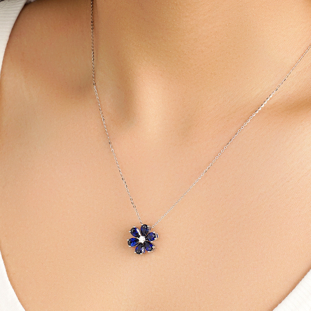 3.1 CT. Blue Sapphire and White Sapphire Flower Cluster Pendant