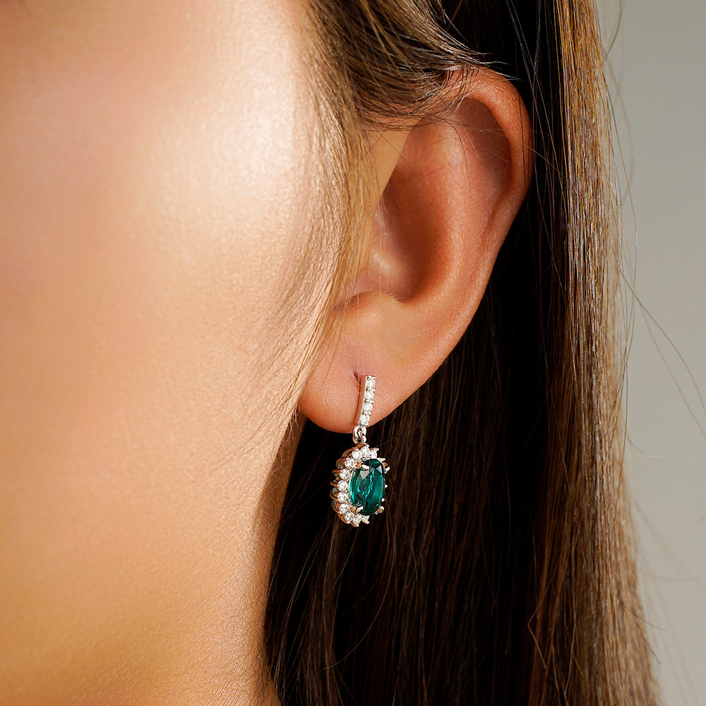 1.18 CT. Emerald Dangle Earrings with Floral Pavé Halo