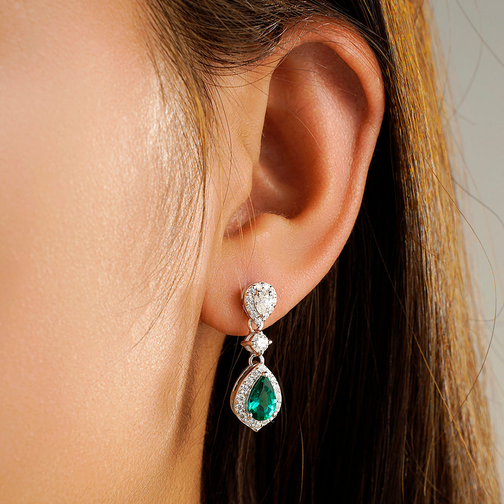 1.55 CT. Pear Emerald Drop Earrings with Pavé Halo