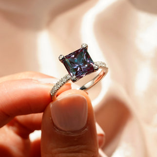 3 CT. Princess Cut Alexandrite Engagement Ring With Moissanite Accents