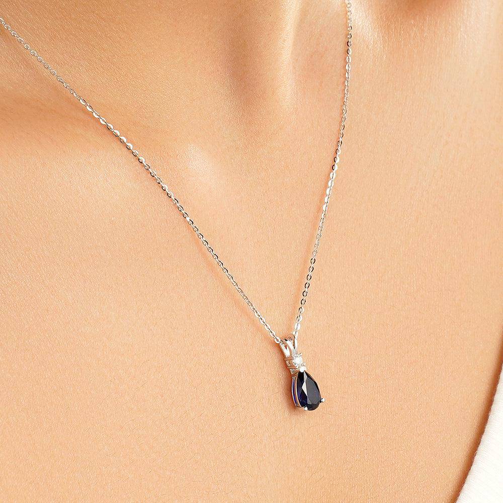 1.7 CT. Pear Blue Sapphire Solitaire Pendant with White Sapphire - MSBLUE Jewelry