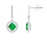 1.4 CT. Floating Cushion Emerald and Pavé Halo Drop Earrings