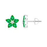 1.6 CT. Pear-Shaped Emerald and White Sapphire Flower Stud Earrings