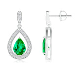 1.3 CT. Pear Emerald Drop Earrings with Pavé Halo