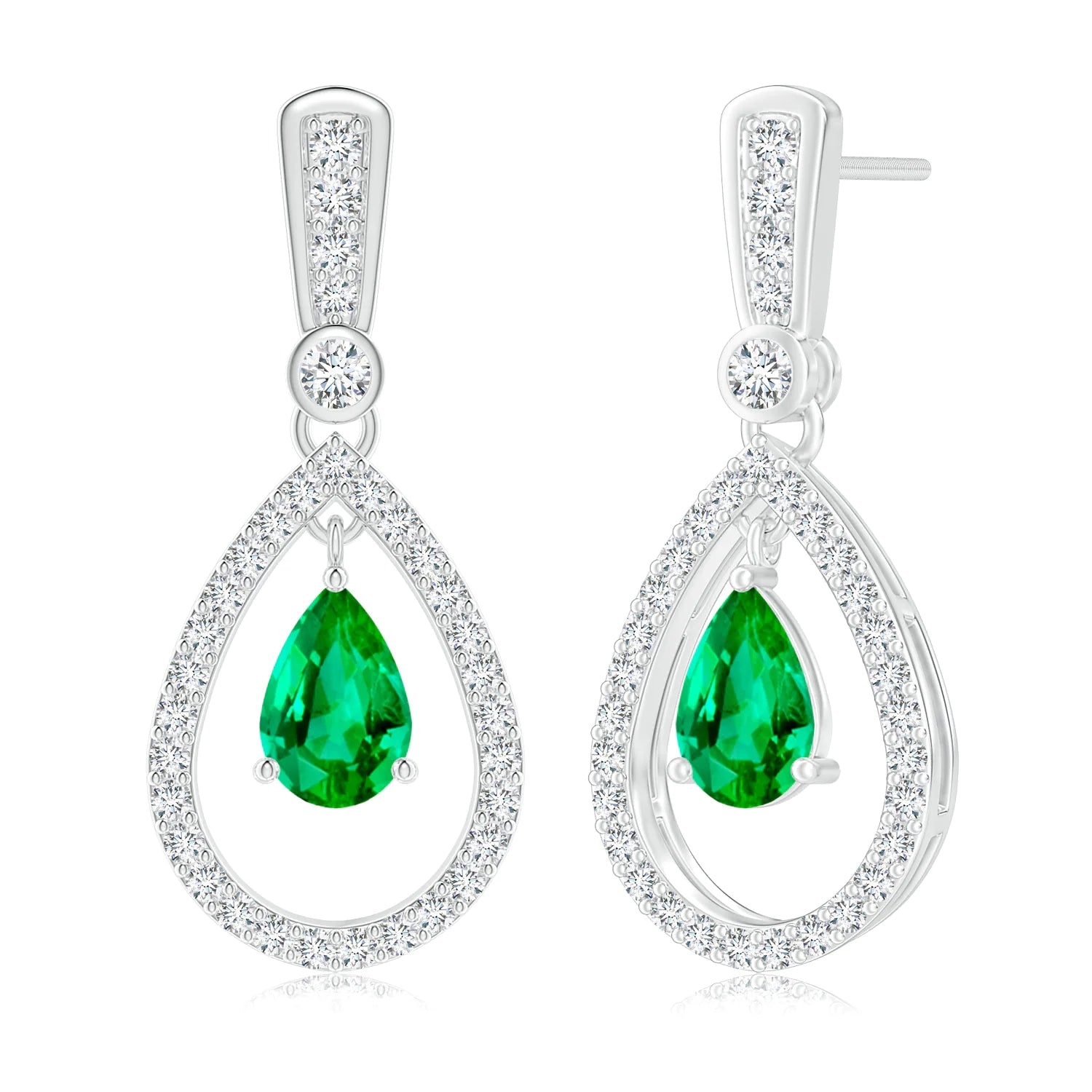 1.49 CT. Pear Emerald Drop Earrings with Pavé Halo