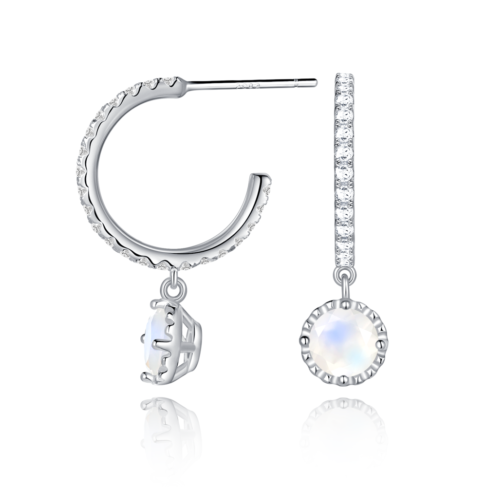 Petite Round Moonstone Huggie Earrings With White Sapphire