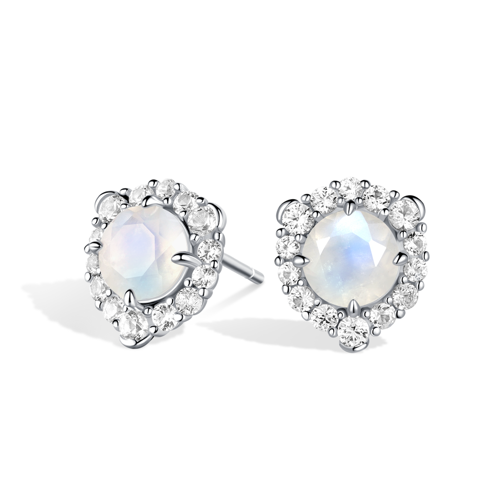 Round Moonstone Stud Earrings With White Sapphire Halo