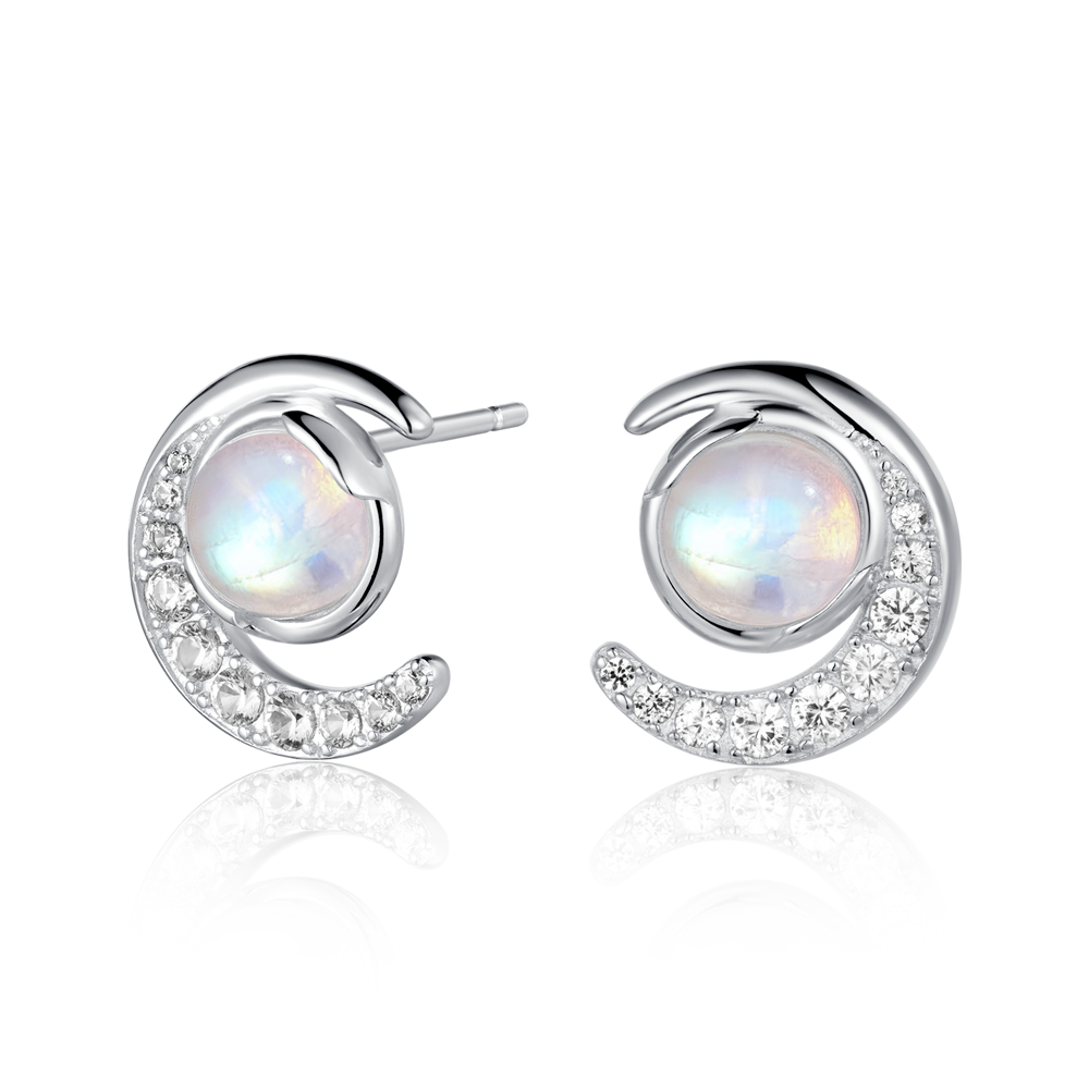 Crescent Moonstone Stud Earrings With White Sapphire