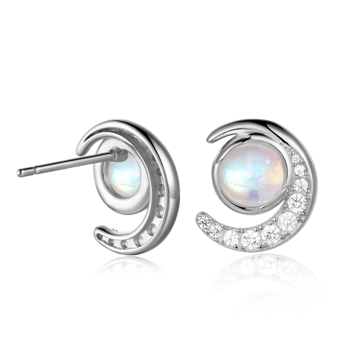 Crescent Moonstone Stud Earrings With White Sapphire