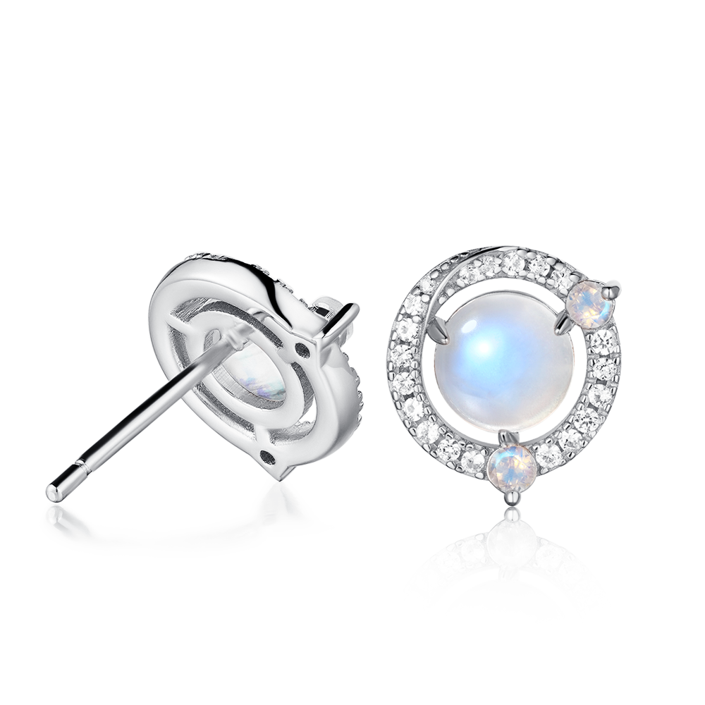 Moonstone and White Sapphire Halo Stud Earrings