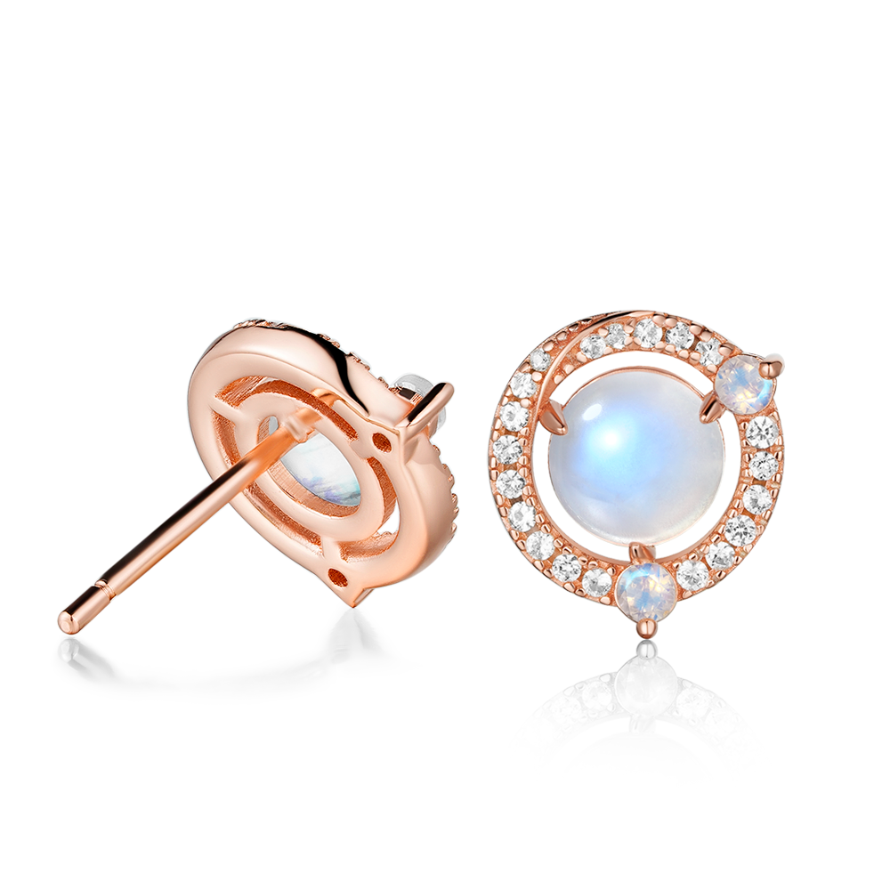 Moonstone and White Sapphire Halo Stud Earrings