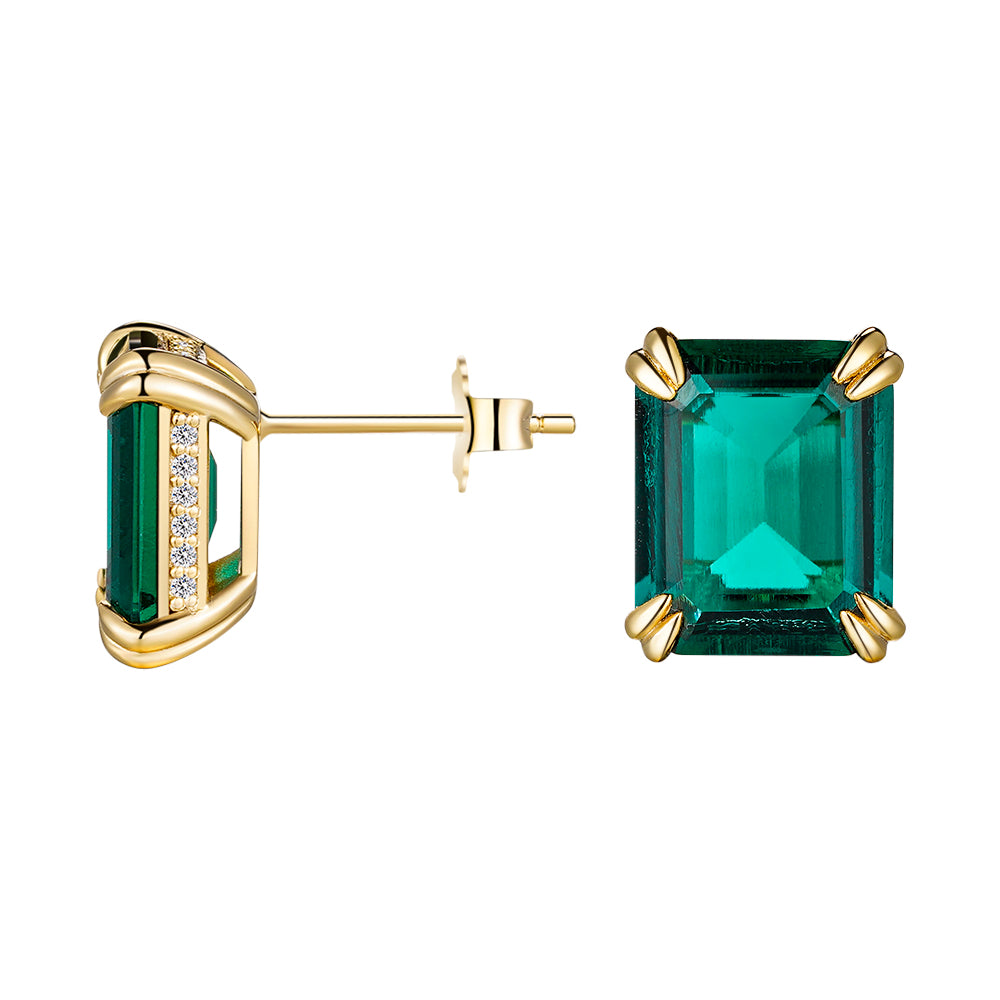 10 Ctw Double Prong Set Emerald-Cut Emerald Stud Earrings