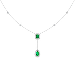3.26 CT. Emerald-Cut & Pear-Shaped Emerald Tie Necklace with White Sapphire
