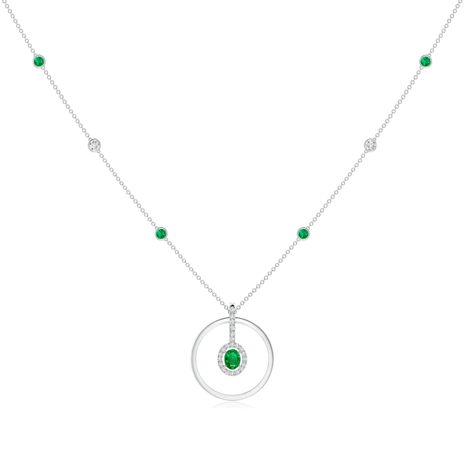 1.58 CT. Oval Emerald and White Sapphire Halo Circle Necklace