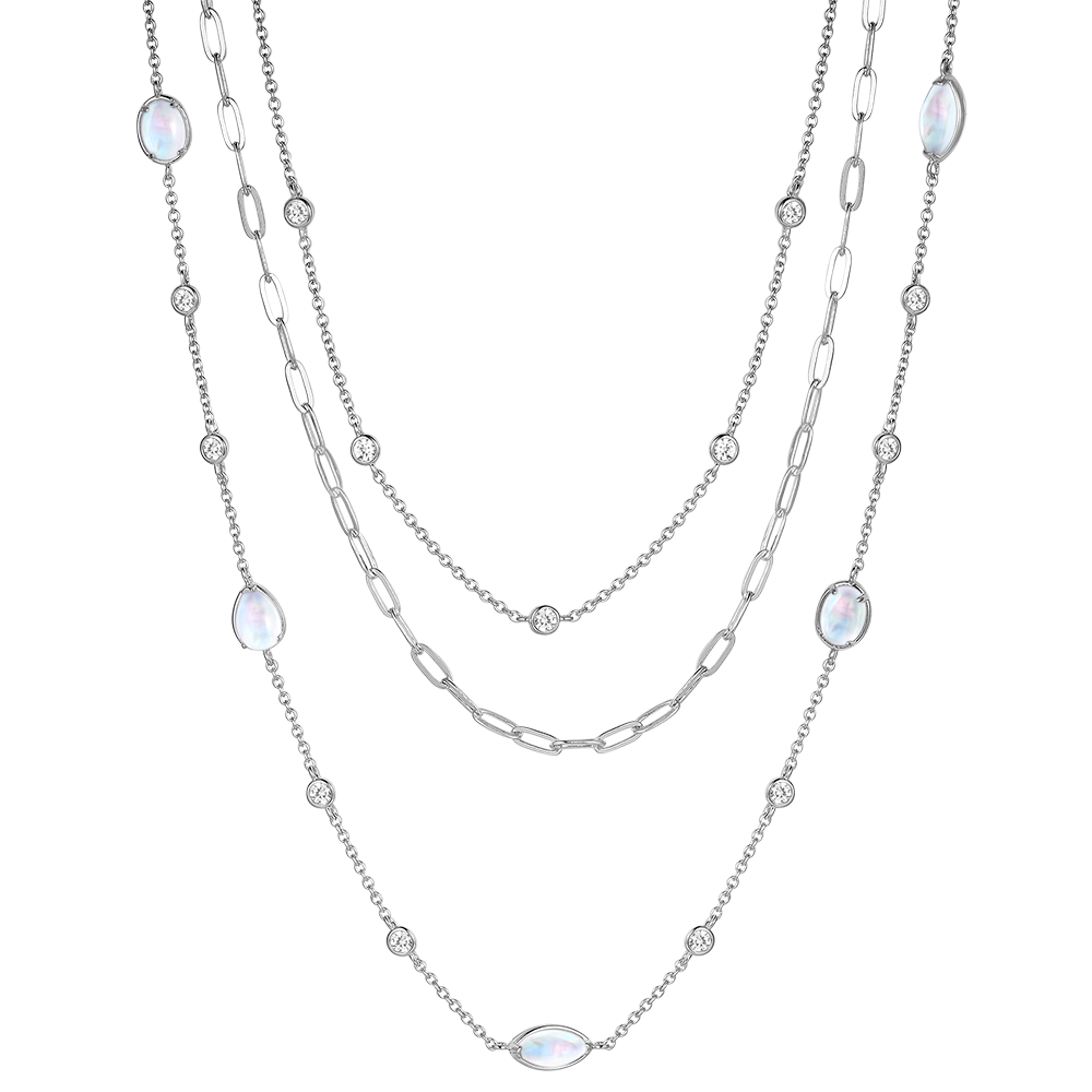 Layered Multi Strand Moonstone Necklaces With White Sapphire