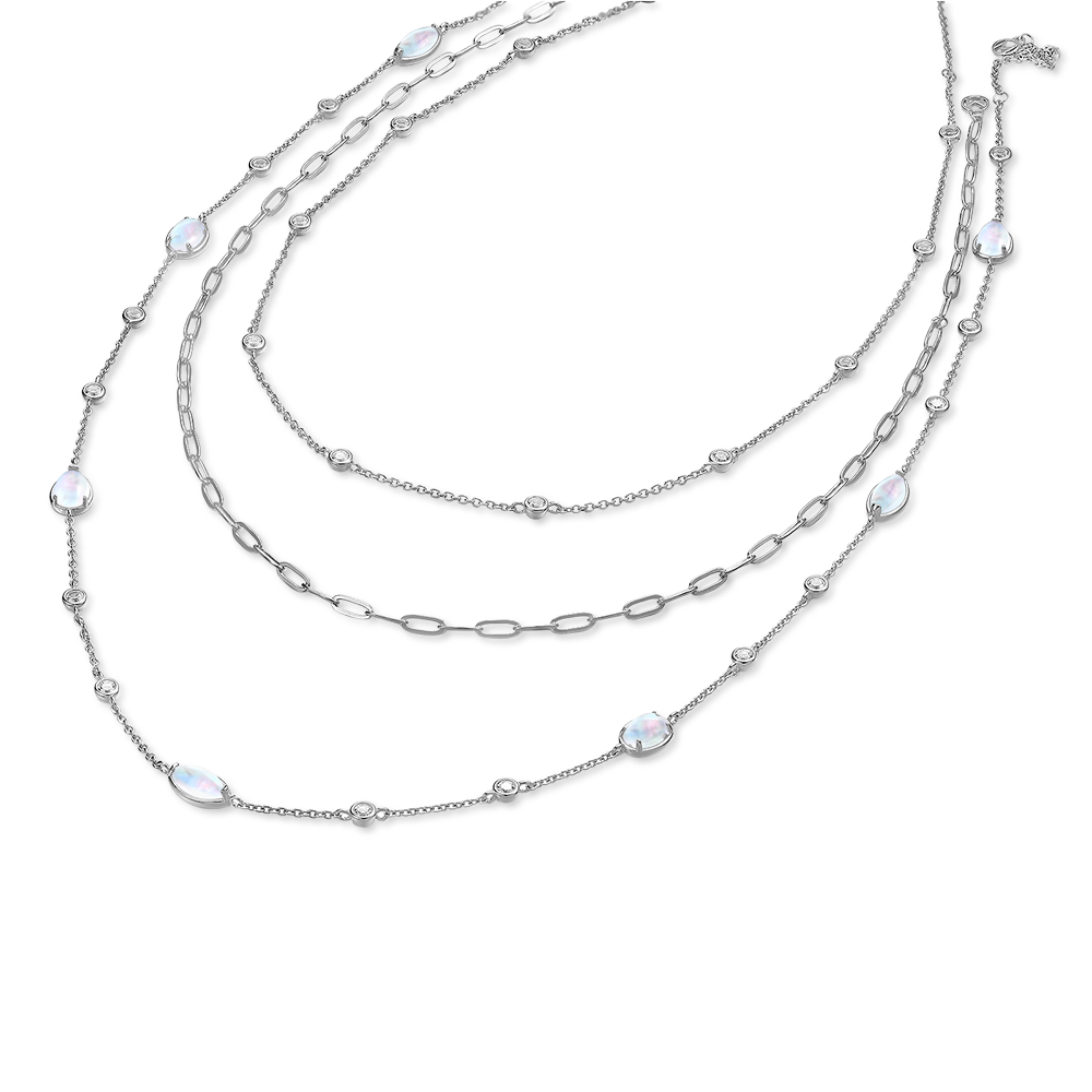 Layered Multi Strand Moonstone Necklaces With White Sapphire