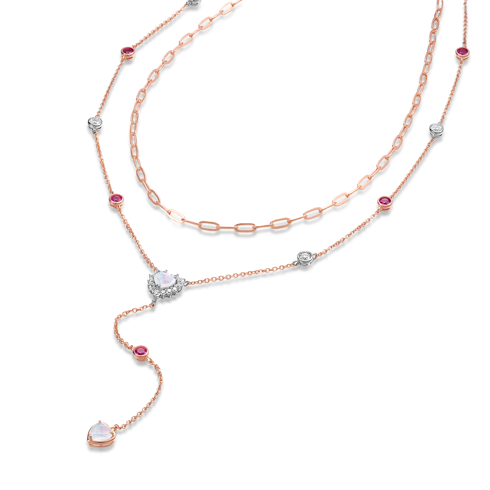 Layered Paper Clip Heart Moonstone Lariat Necklaces With White Sapphire