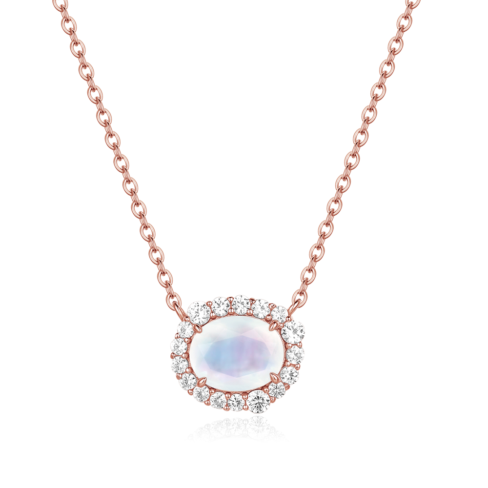 Oval Moonstone Necklace With White Sapphire Halo