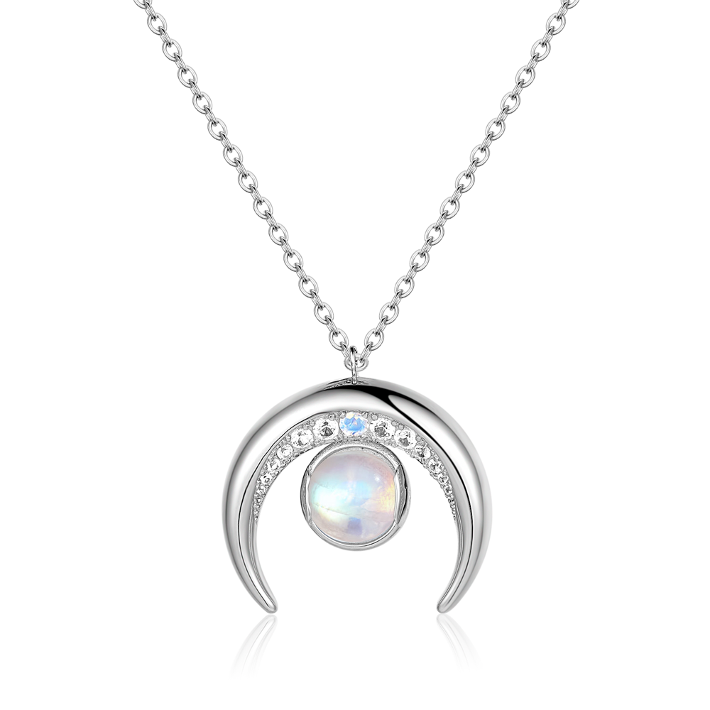 Crescent Moonstone Necklace With White Sapphire