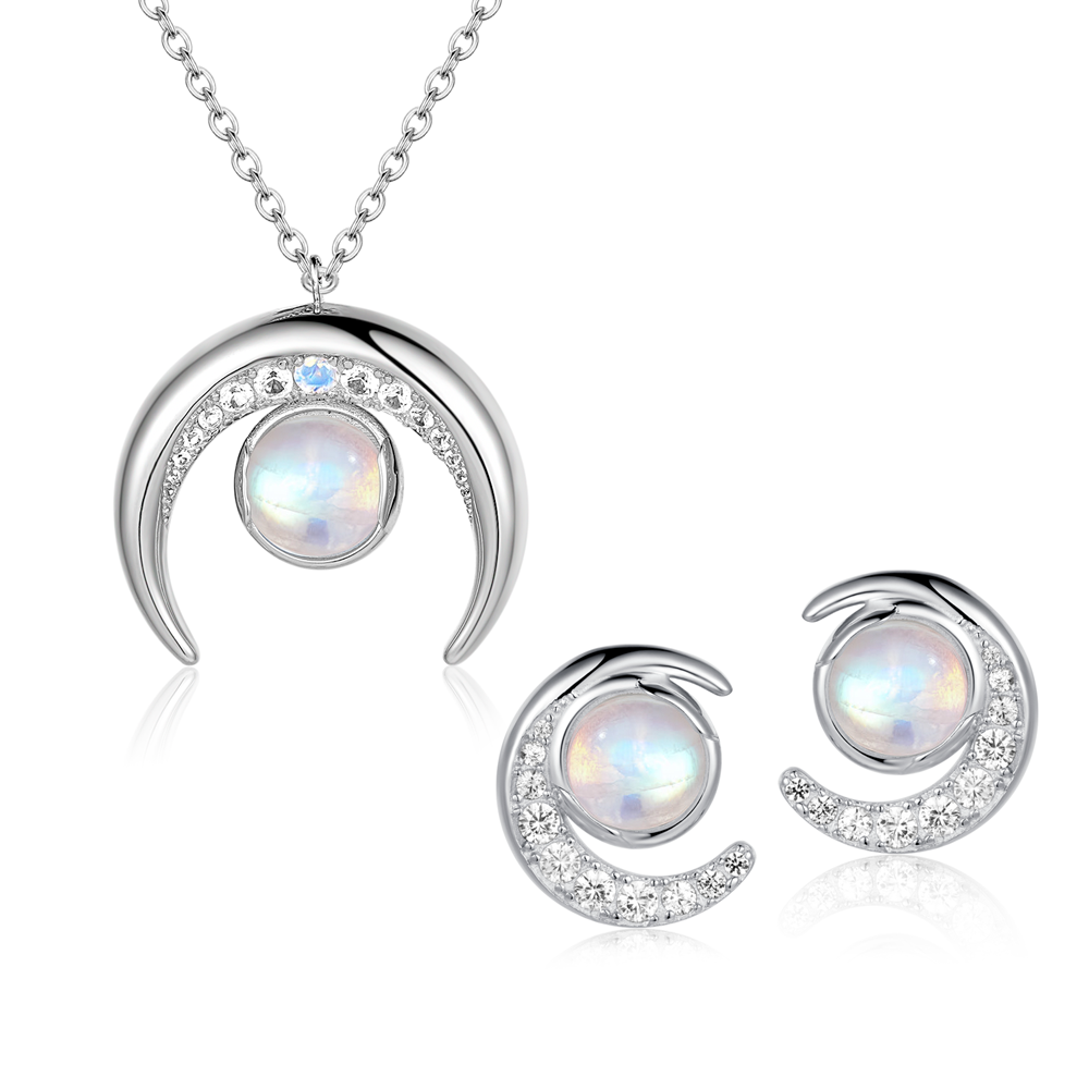 Crescent Moonstone Necklace And Earrings Set With White Sapphire - White  Gold