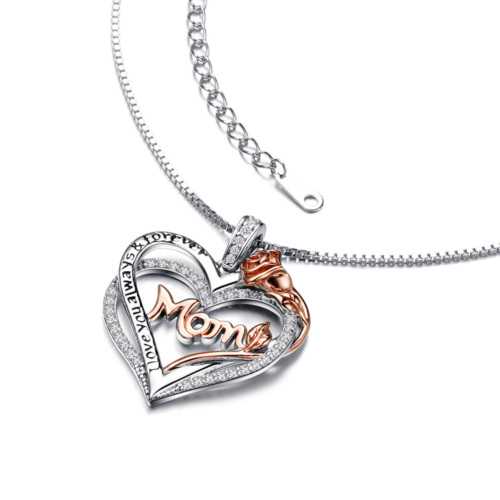 Double Heart Mom Pendant with Rose