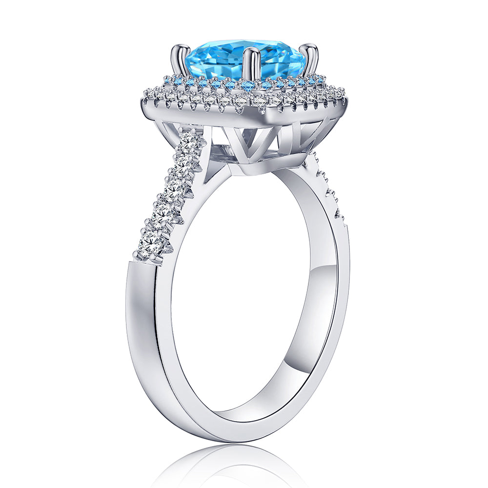 4 CT. Blue Cushion Gemstone Double Halo Ring
