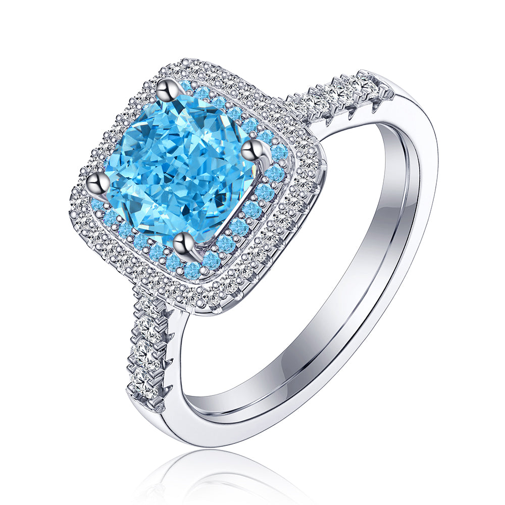 4 CT. Blue Cushion Gemstone Double Halo Ring