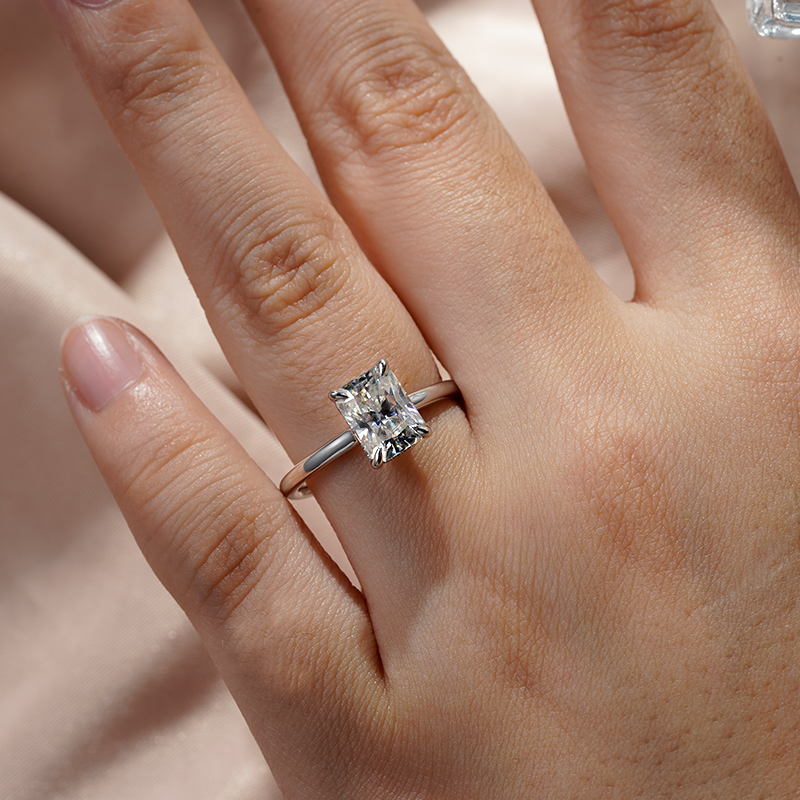 14K White Gold Four-Prong Radiant Moissanite Engagement Ring With Hidden Halo