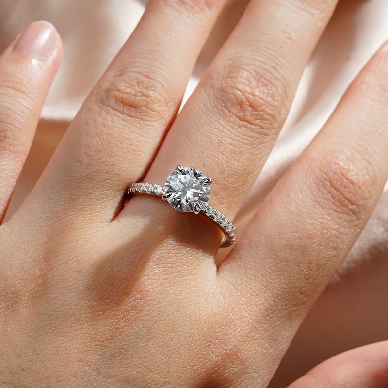 2.5 CT. Pavé Band Round Moissanite Engagement Ring With Hidden Halo