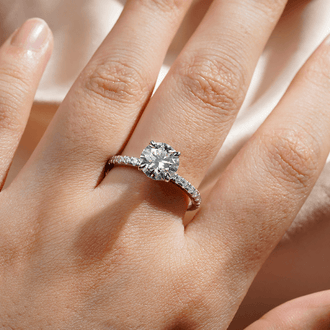 Pavé Band Round Moissanite Engagement Ring With Hidden Halo - MSBLUE Jewelry