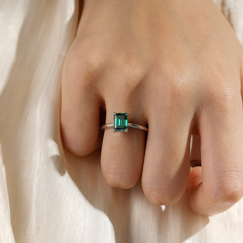 2 CT. Emerald Cut Green Moissanite Engagement Ring With Hidden Halo