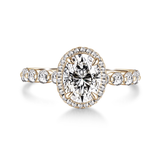 14K White Gold Oval Halo with Pavé Shared Prong Band Moissanite Engagement Ring